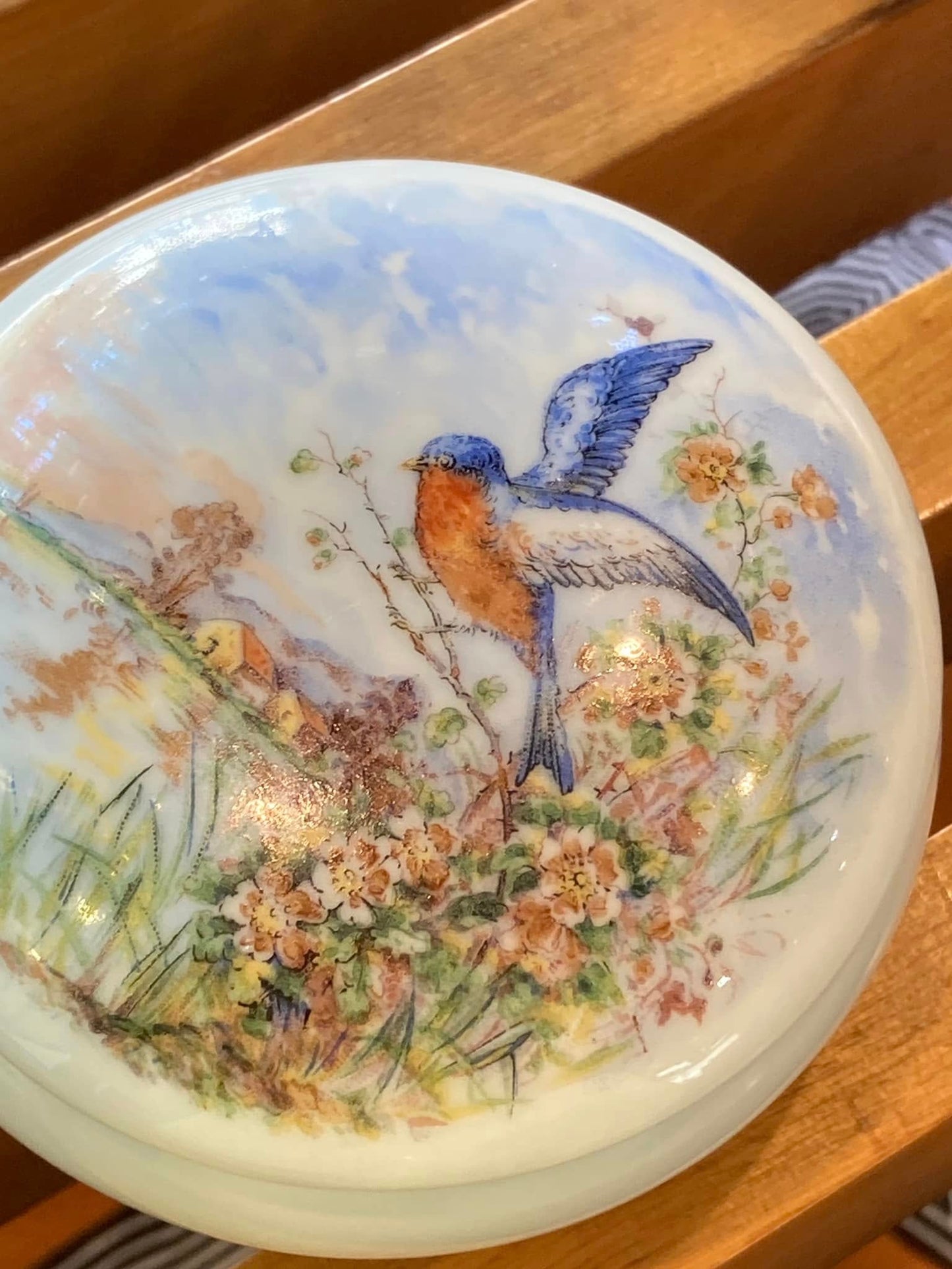 Antique Limoges France Blue Bird Scenic Round Lidded Porcelain Trinket Pillbox