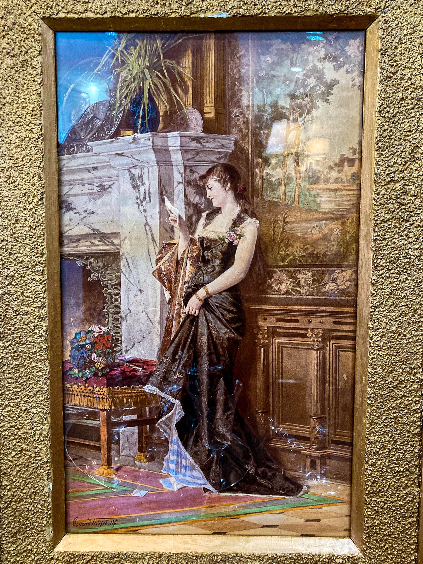 Antique 'Love Letter' Conrad Kiesel (1846-1921) Hand Colored Framed Print