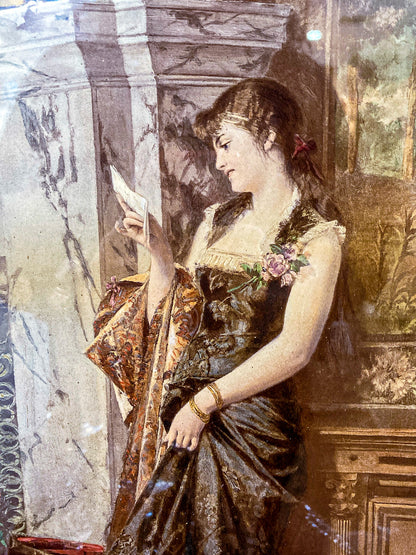 Antique 'Love Letter' Conrad Kiesel (1846-1921) Hand Colored Framed Print