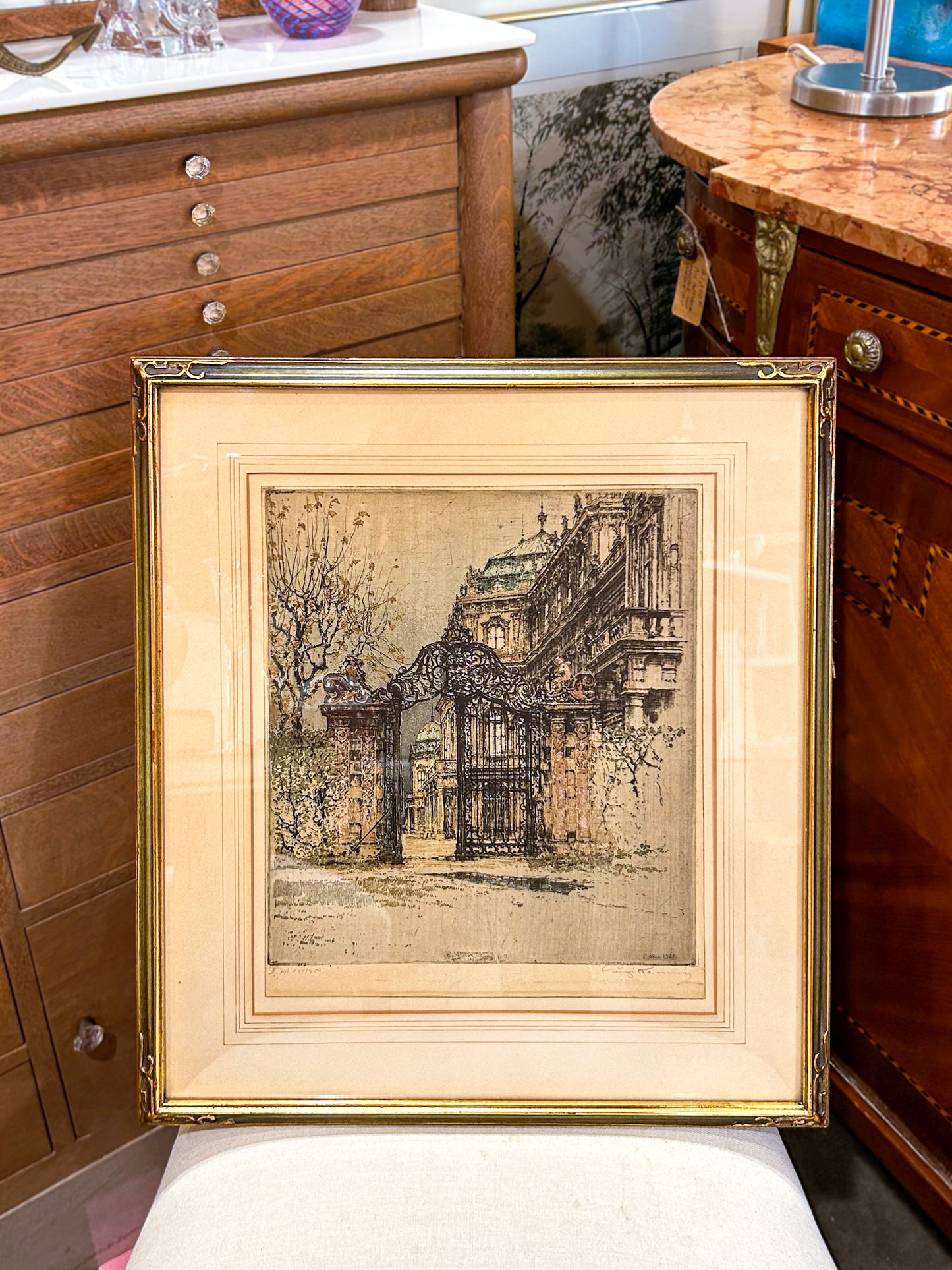 Antique Luigi Kasimir (1881-1967) Vienna Palace Gate Framed Color Etching Print