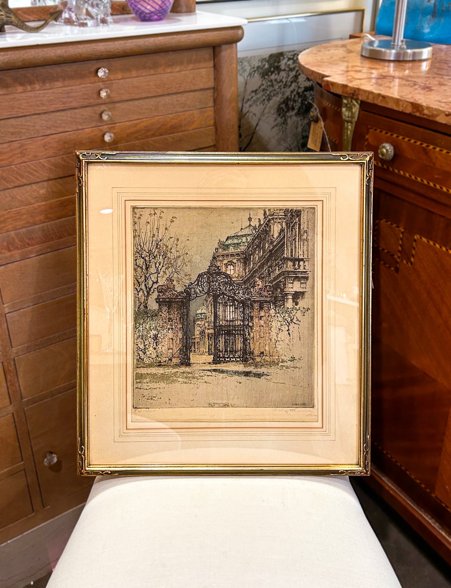 Antique Luigi Kasimir (1881-1967) Vienna Palace Gate Framed Color Etching Print