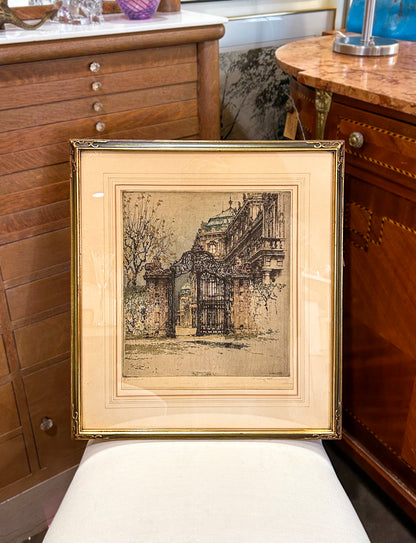Antique Luigi Kasimir (1881-1967) Vienna Palace Gate Framed Color Etching Print