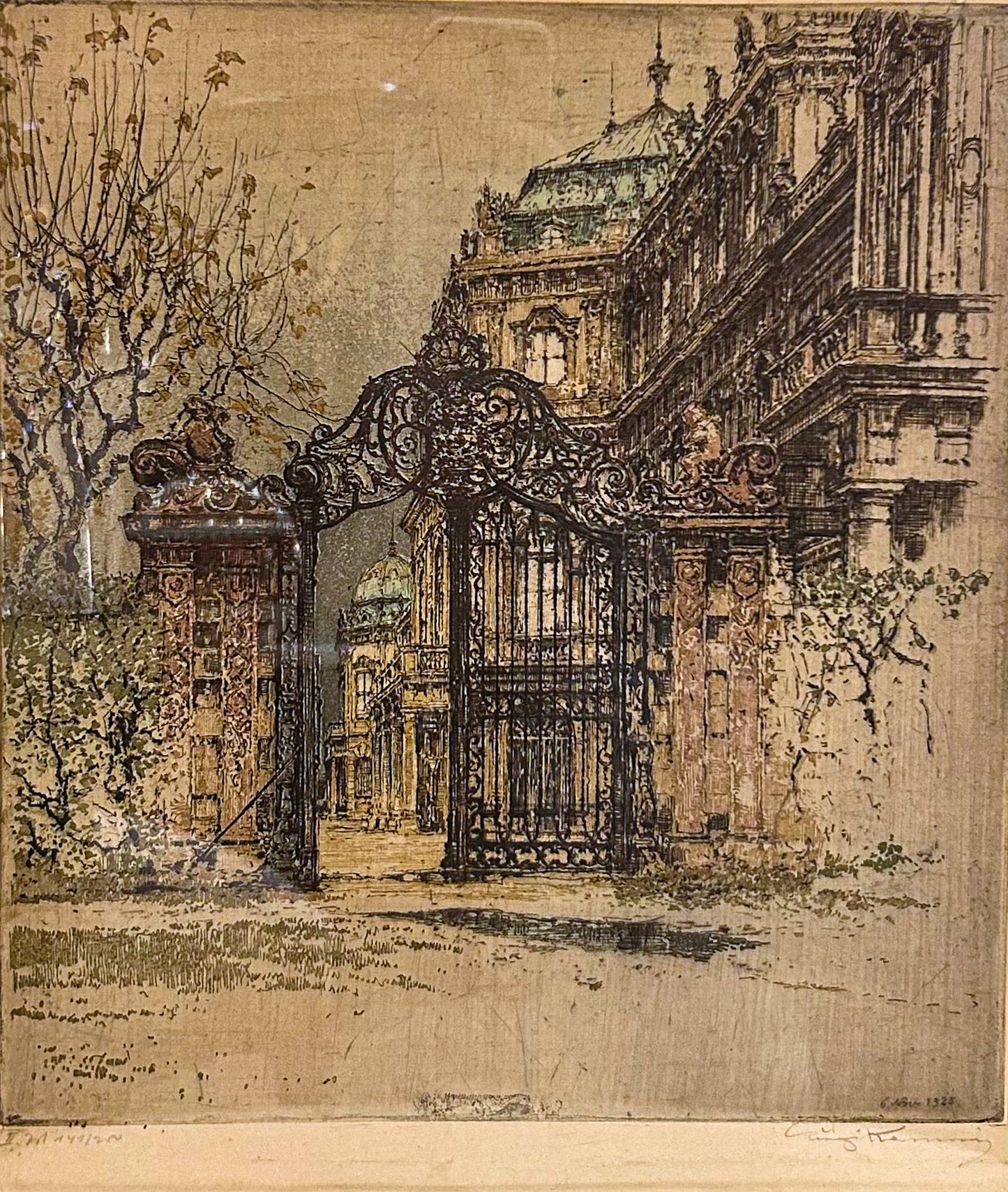Antique Luigi Kasimir (1881-1967) Vienna Palace Gate Framed Color Etching Print