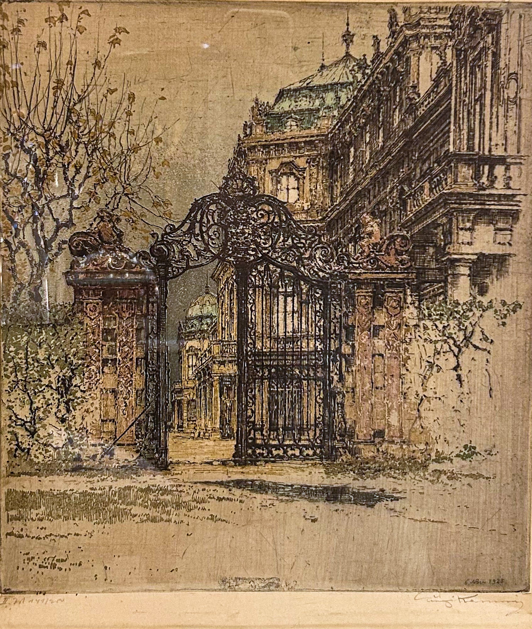 Antique Luigi Kasimir (1881-1967) Vienna Palace Gate Framed Color Etching Print