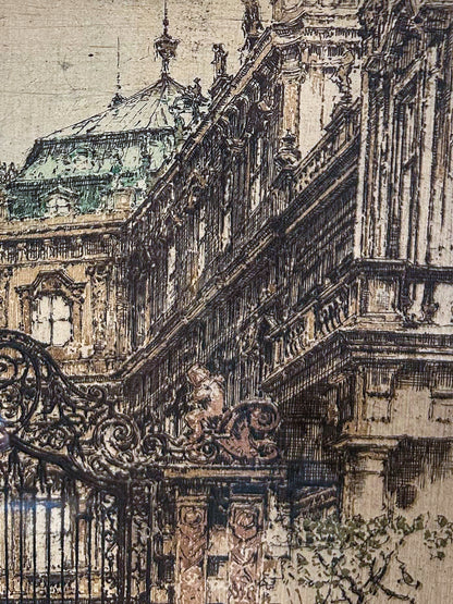 Antique Luigi Kasimir (1881-1967) Vienna Palace Gate Framed Color Etching Print