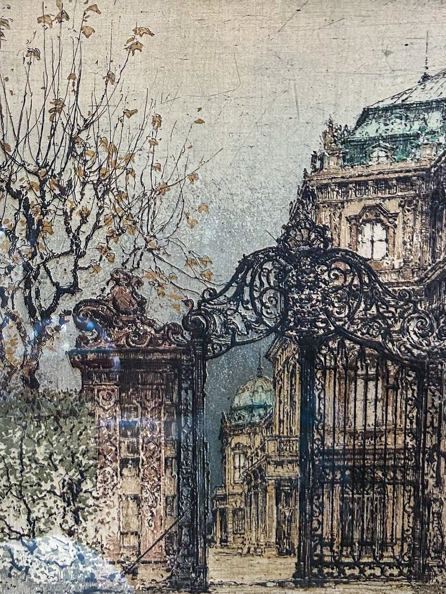 Antique Luigi Kasimir (1881-1967) Vienna Palace Gate Framed Color Etching Print