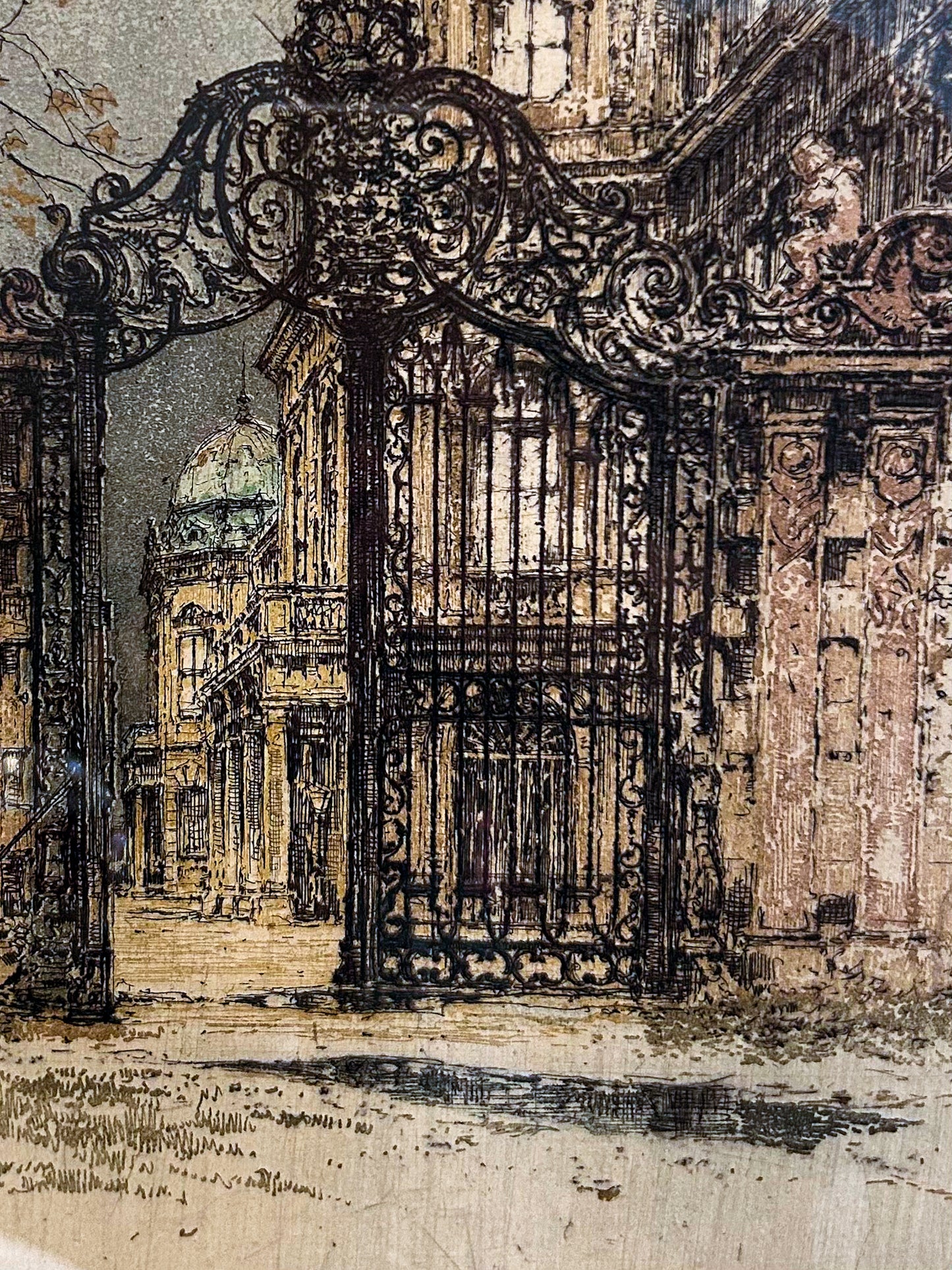 Antique Luigi Kasimir (1881-1967) Vienna Palace Gate Framed Color Etching Print