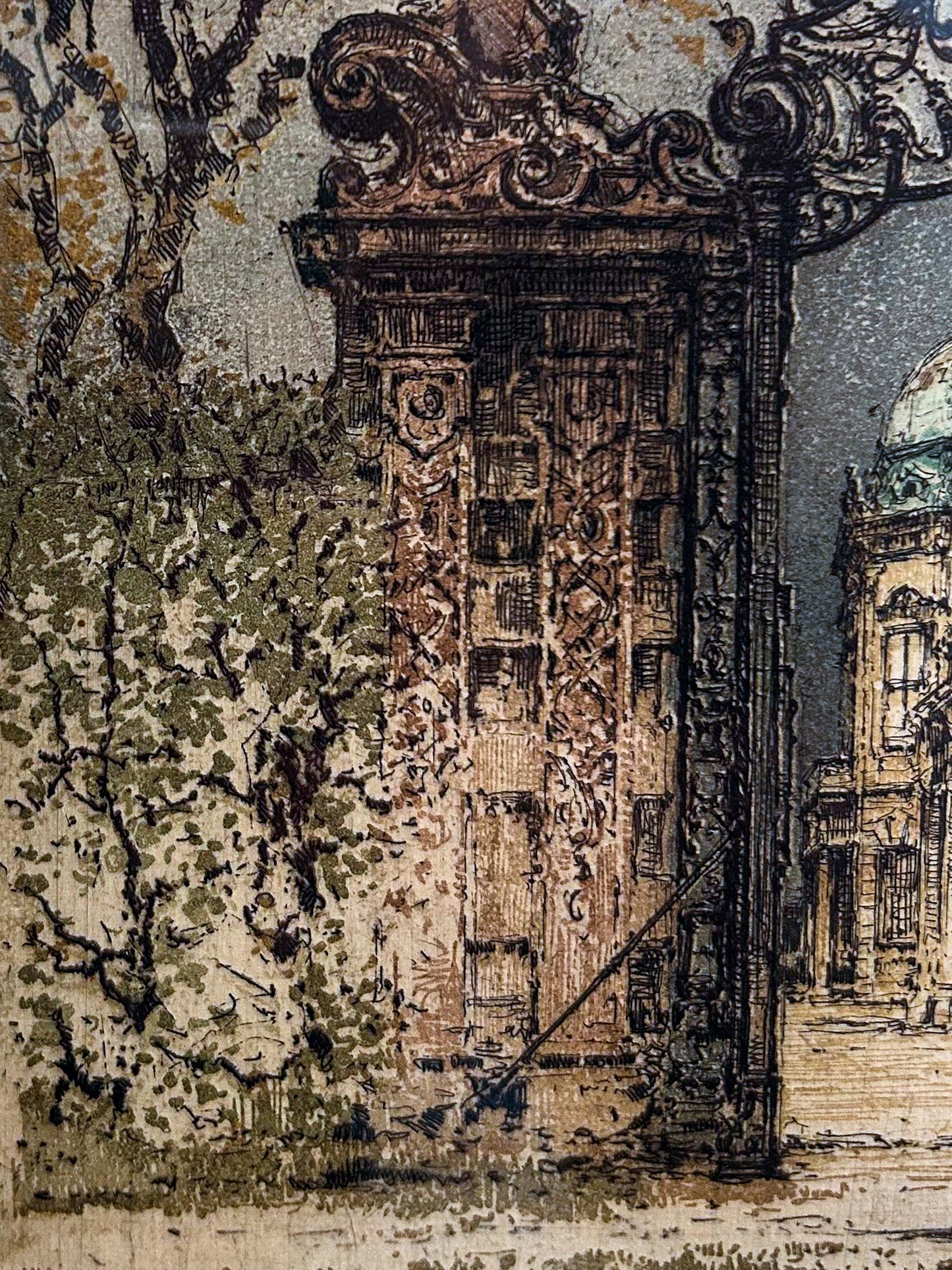 Antique Luigi Kasimir (1881-1967) Vienna Palace Gate Framed Color Etching Print