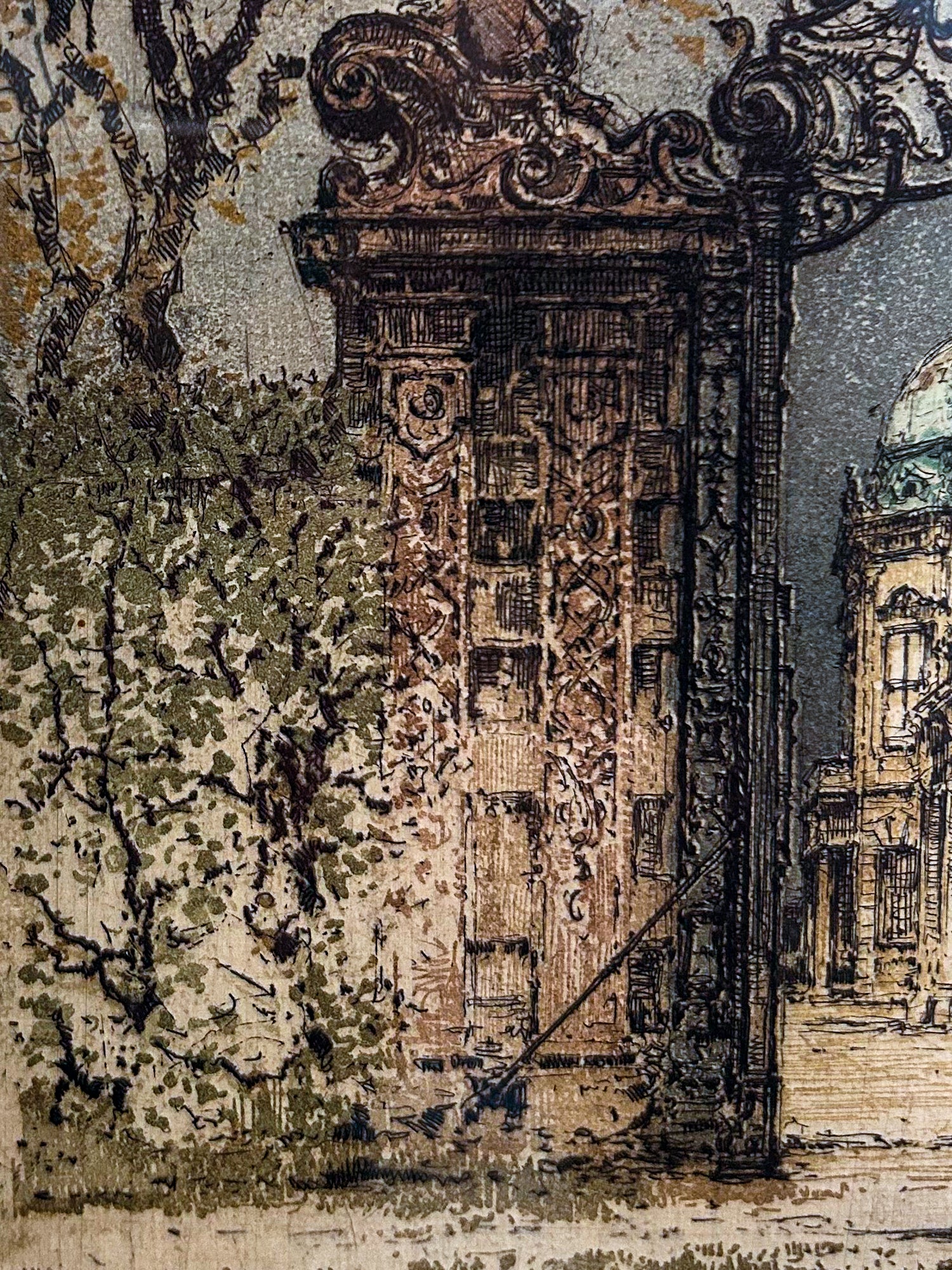 Antique Luigi Kasimir (1881-1967) Vienna Palace Gate Framed Color Etching Print