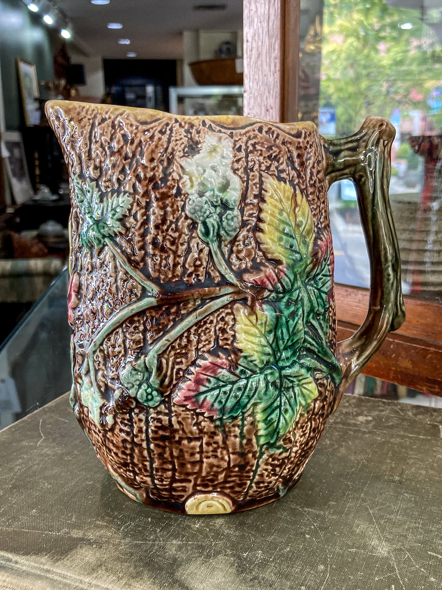 Antique 19th Century Majolica Tree Bark Vine Berry Motif Ceramic Pitcher