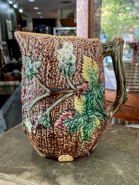 Antique 19th Century Majolica Tree Bark Vine Berry Motif Ceramic Pitcher