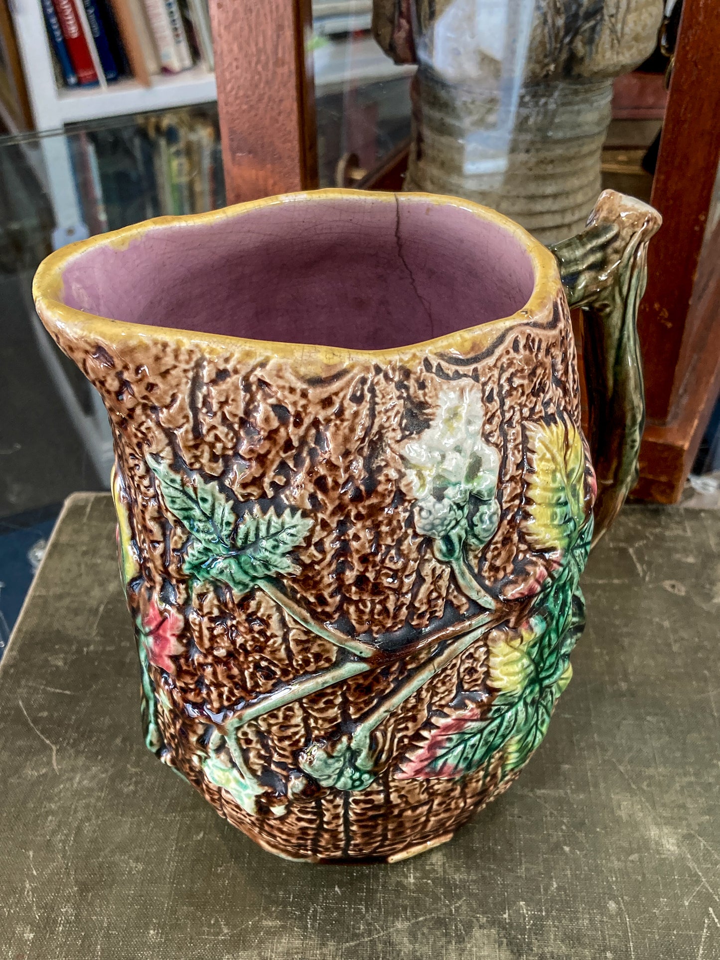 Antique 19th Century Majolica Tree Bark Vine Berry Motif Ceramic Pitcher