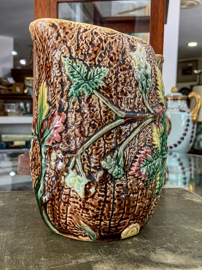 Antique 19th Century Majolica Tree Bark Vine Berry Motif Ceramic Pitcher