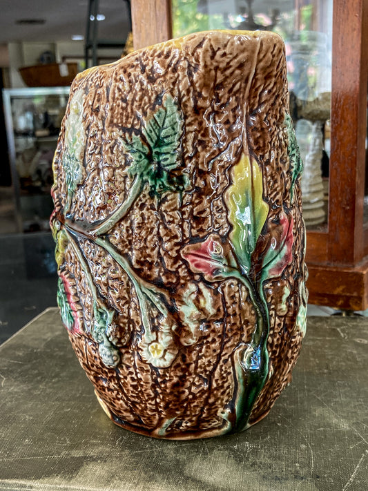 Antique 19th Century Majolica Tree Bark Vine Berry Motif Ceramic Pitcher