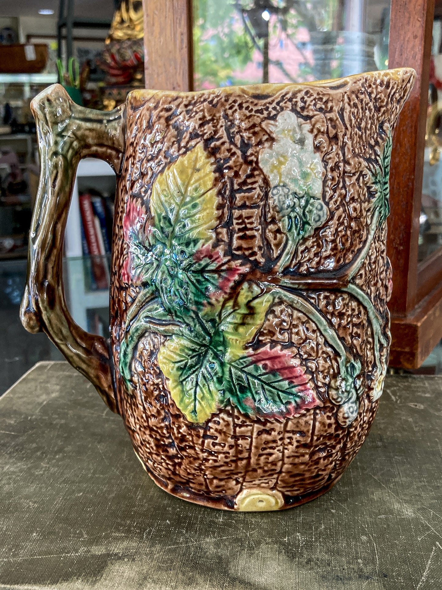 Antique 19th Century Majolica Tree Bark Vine Berry Motif Ceramic Pitcher