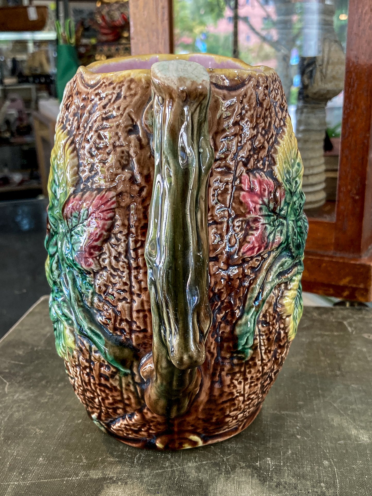 Antique 19th Century Majolica Tree Bark Vine Berry Motif Ceramic Pitcher