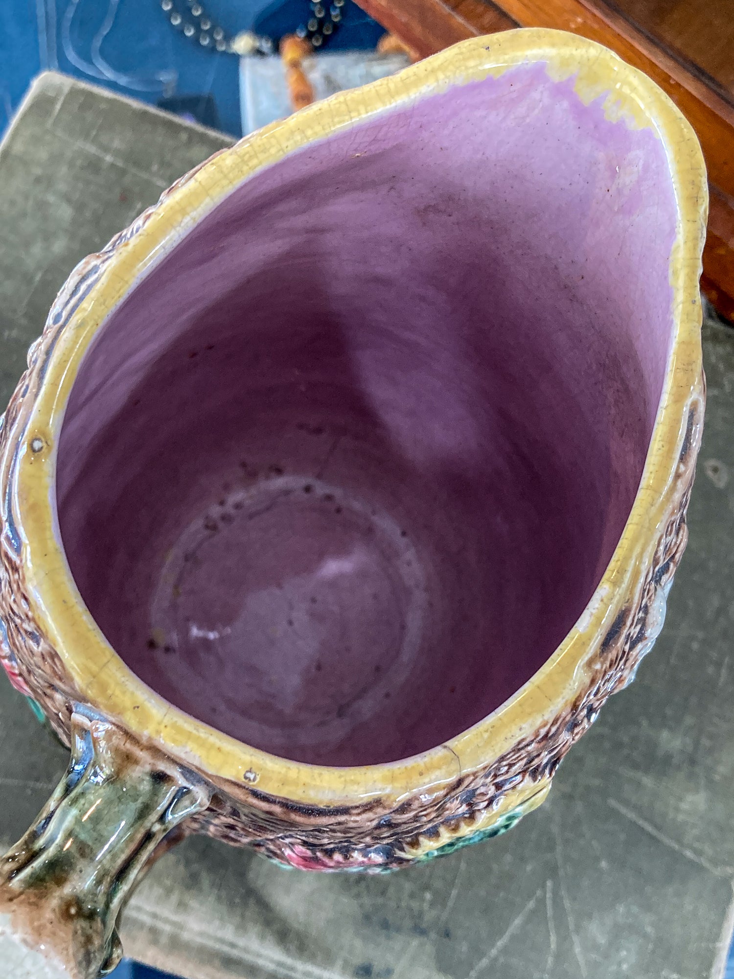 Antique 19th Century Majolica Tree Bark Vine Berry Motif Ceramic Pitcher