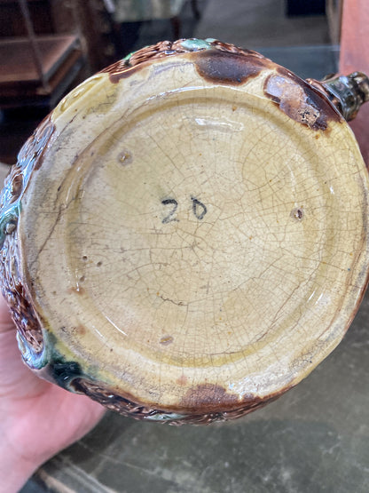 Antique 19th Century Majolica Tree Bark Vine Berry Motif Ceramic Pitcher
