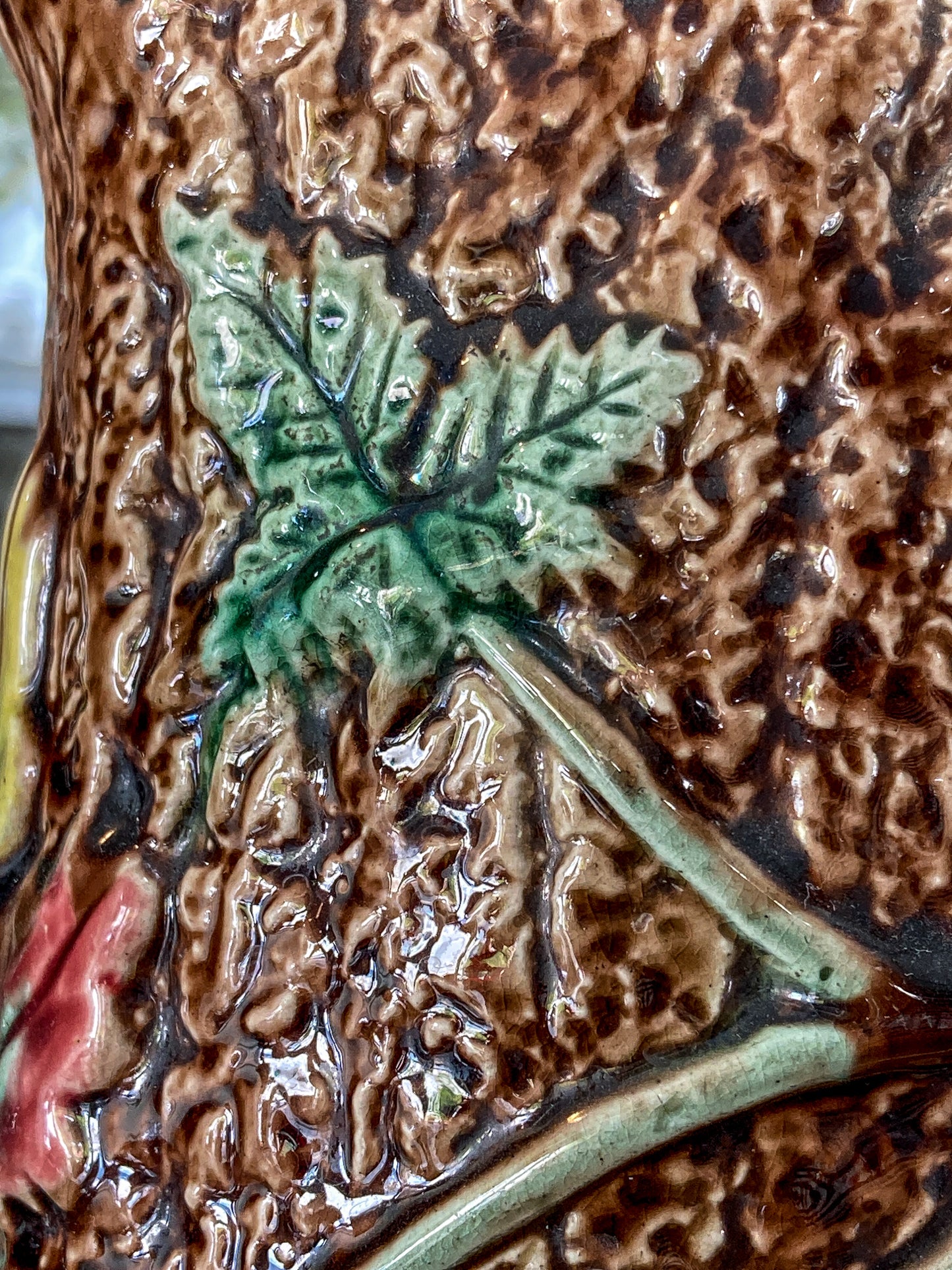 Antique 19th Century Majolica Tree Bark Vine Berry Motif Ceramic Pitcher