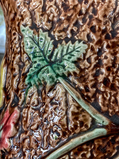 Antique 19th Century Majolica Tree Bark Vine Berry Motif Ceramic Pitcher