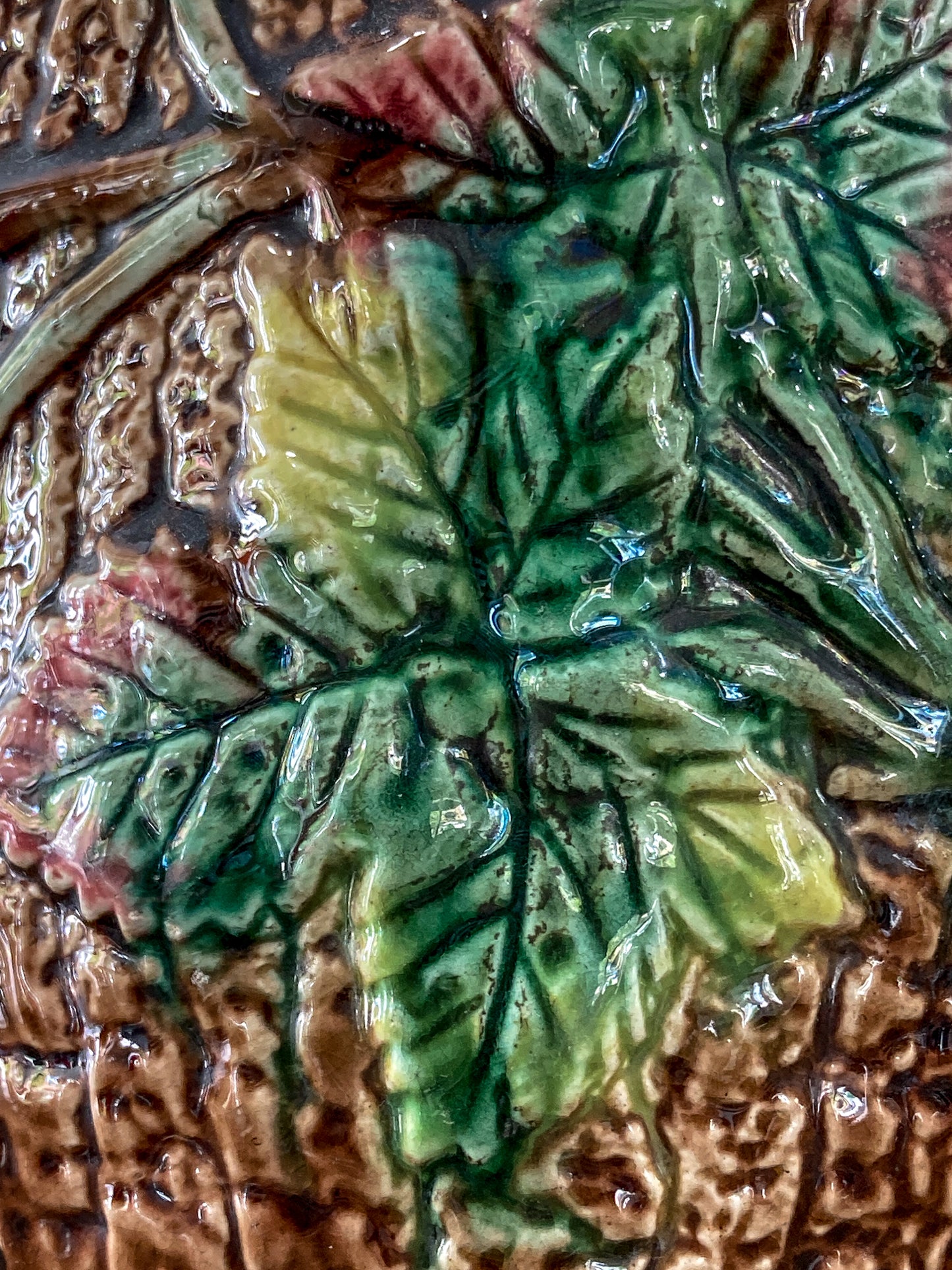 Antique 19th Century Majolica Tree Bark Vine Berry Motif Ceramic Pitcher