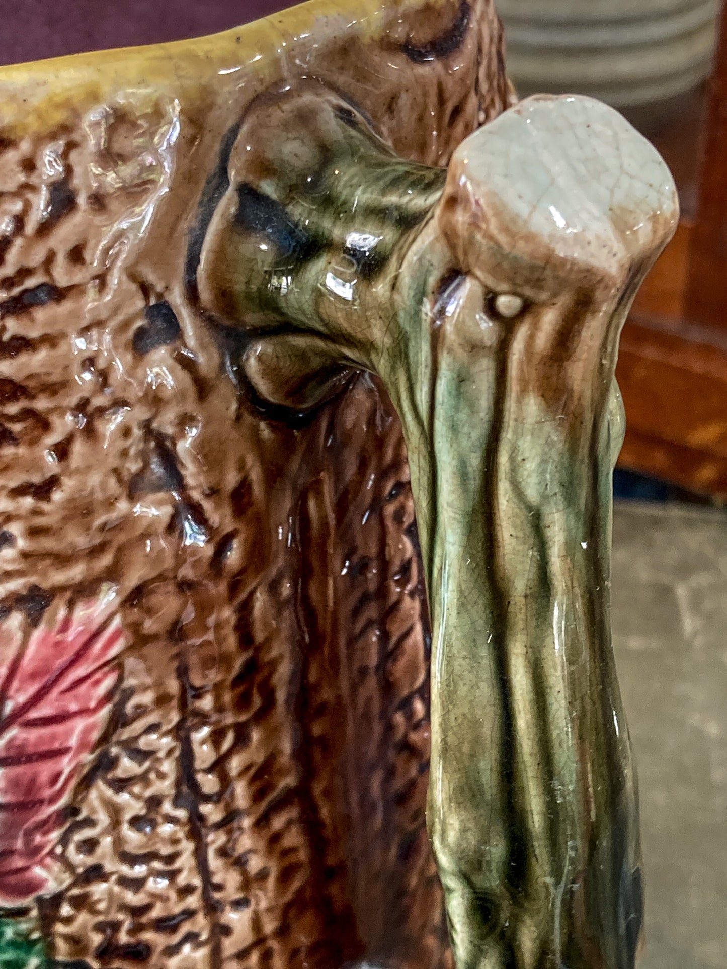 Antique 19th Century Majolica Tree Bark Vine Berry Motif Ceramic Pitcher