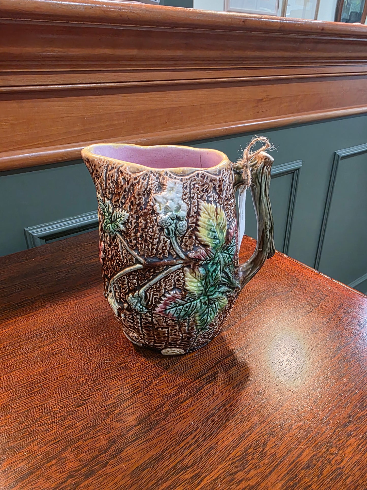 Antique 19th Century Majolica Tree Bark Vine Berry Motif Ceramic Pitcher