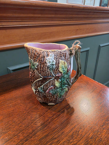 Antique 19th Century Majolica Tree Bark Vine Berry Motif Ceramic Pitcher