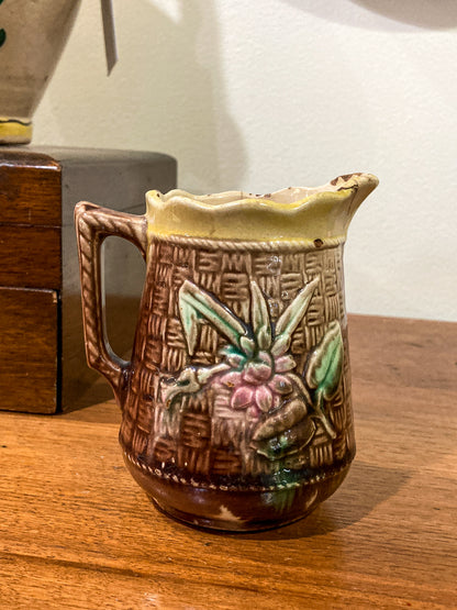 Antique Majolica Basketweave Lotus Flower Pattern Ceramic Creamer