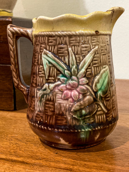 Antique Majolica Basketweave Lotus Flower Pattern Ceramic Creamer