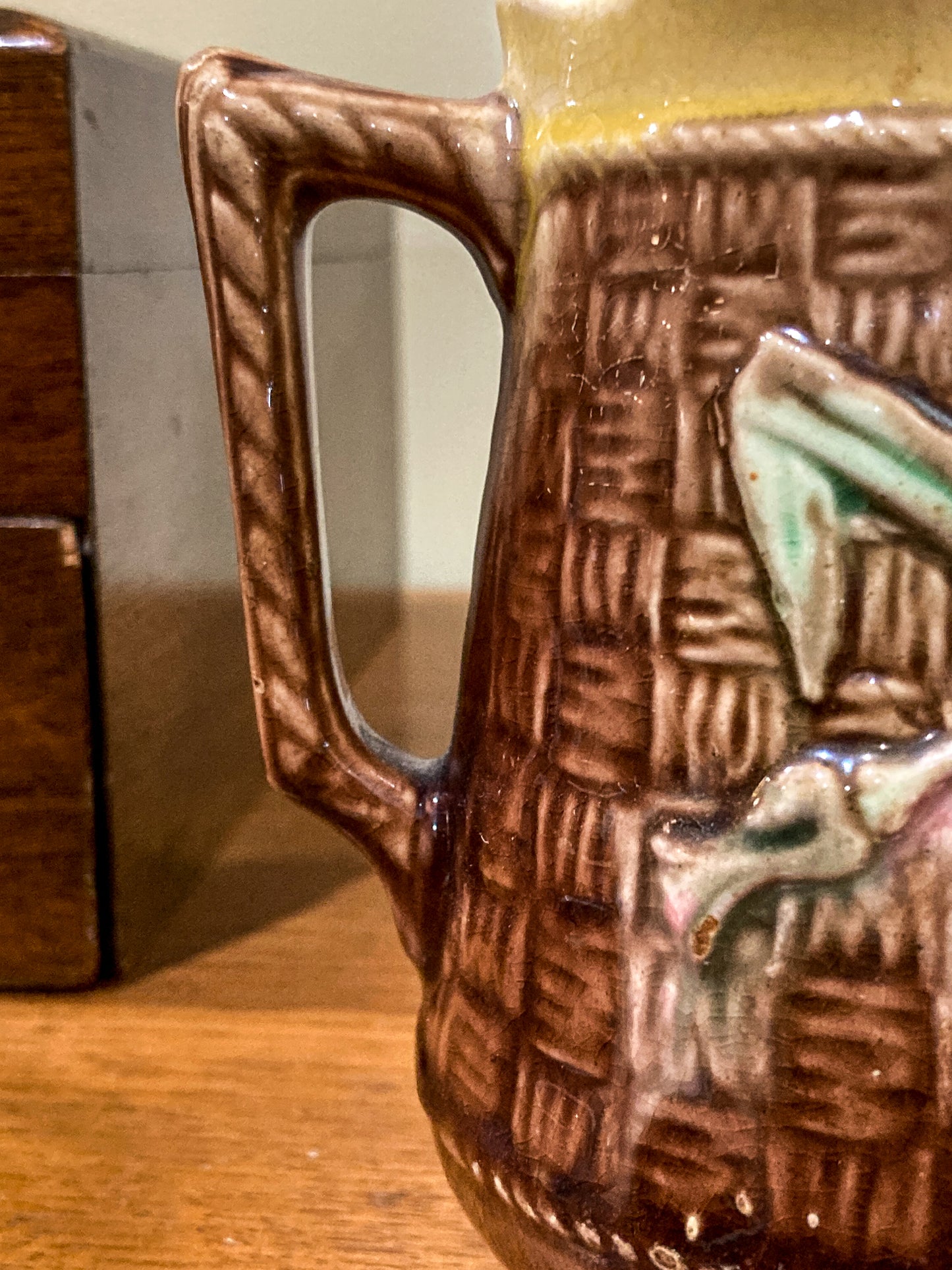 Antique Majolica Basketweave Lotus Flower Pattern Ceramic Creamer