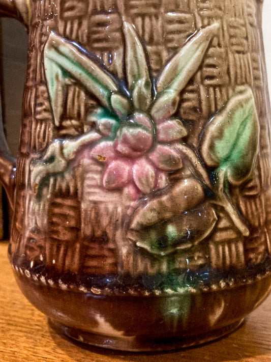 Antique Majolica Basketweave Lotus Flower Pattern Ceramic Creamer