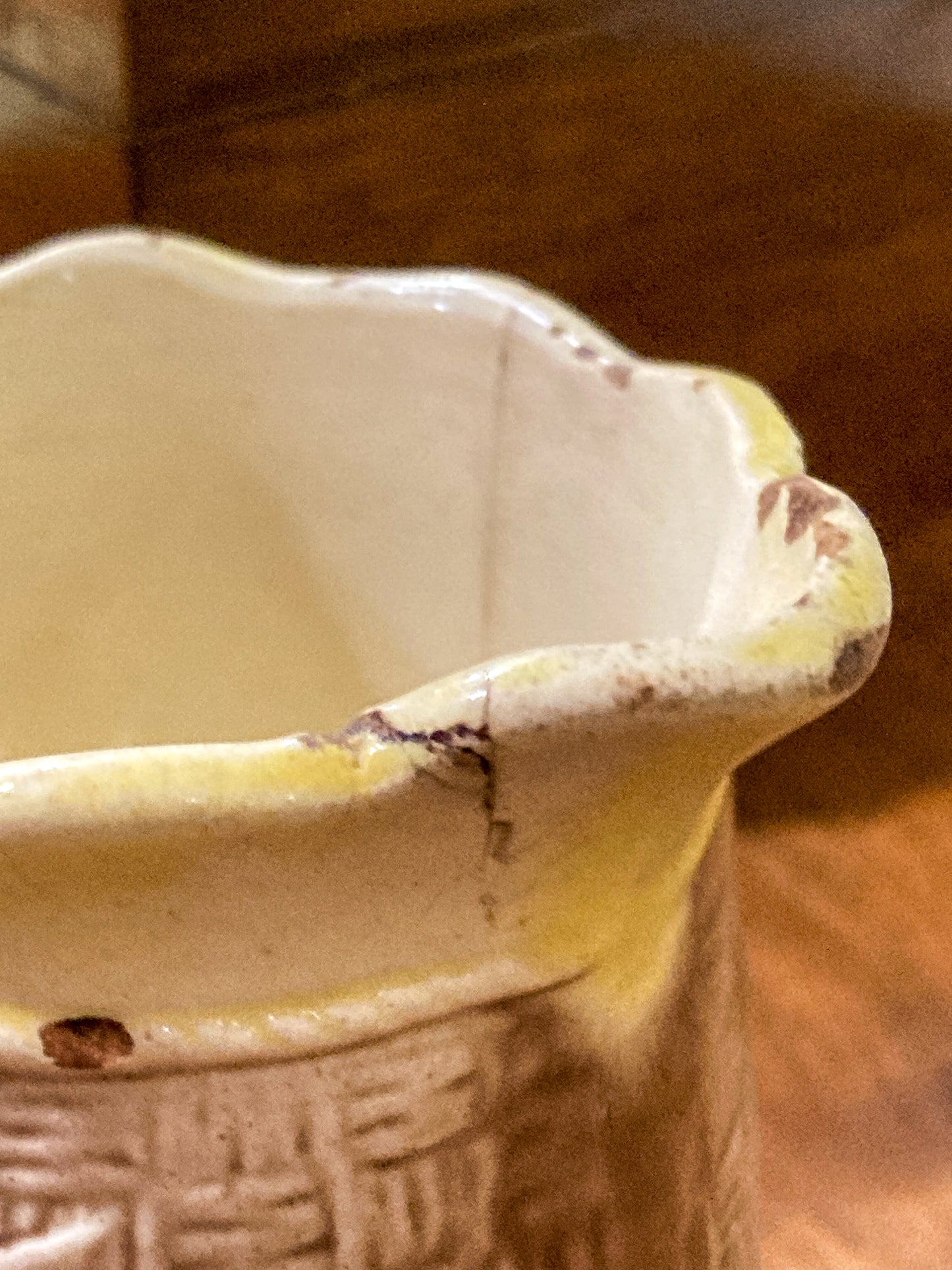Antique Majolica Basketweave Lotus Flower Pattern Ceramic Creamer