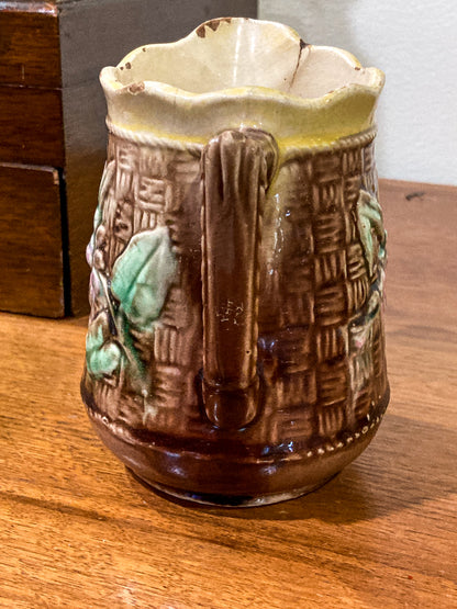 Antique Majolica Basketweave Lotus Flower Pattern Ceramic Creamer