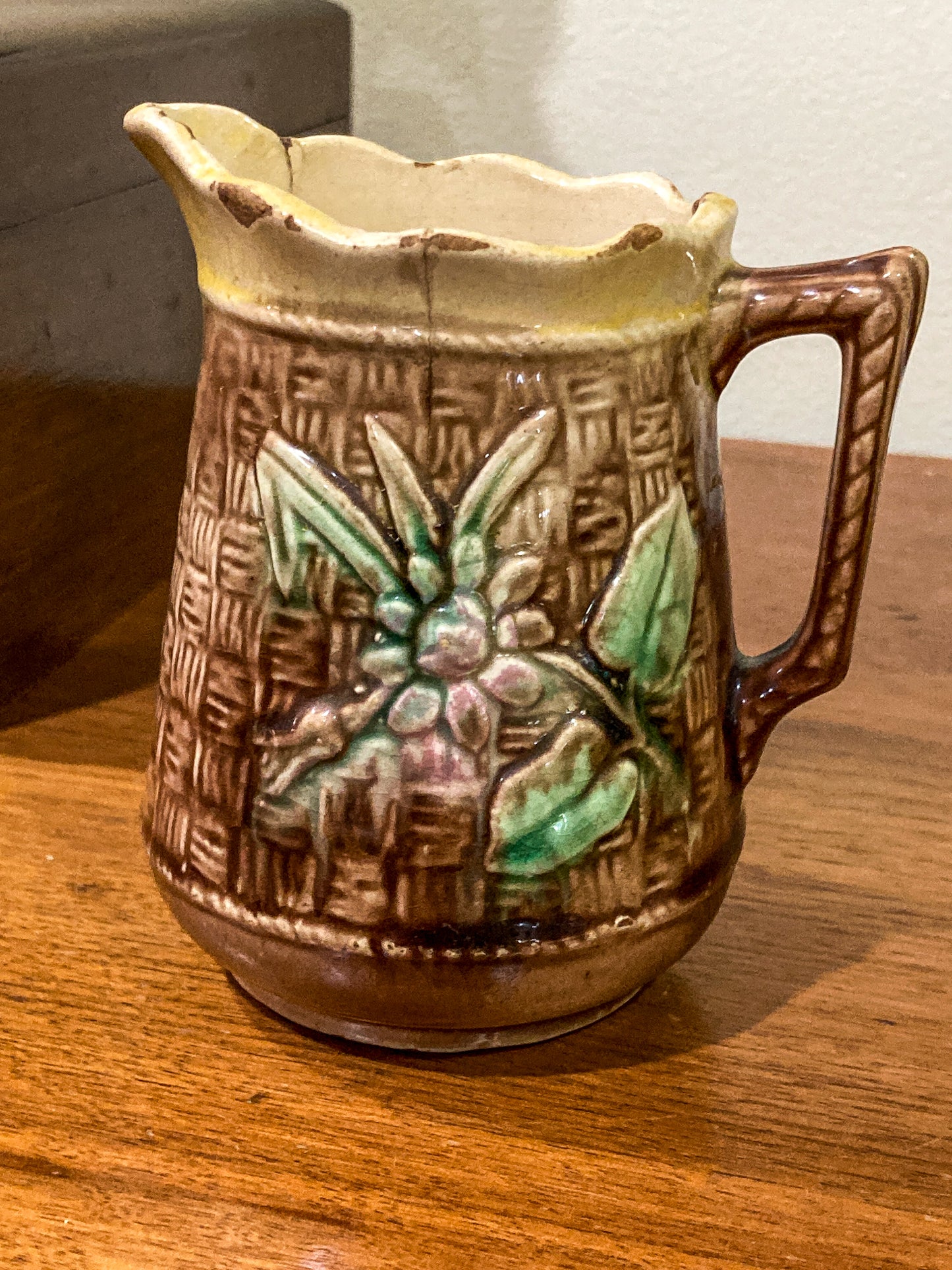 Antique Majolica Basketweave Lotus Flower Pattern Ceramic Creamer