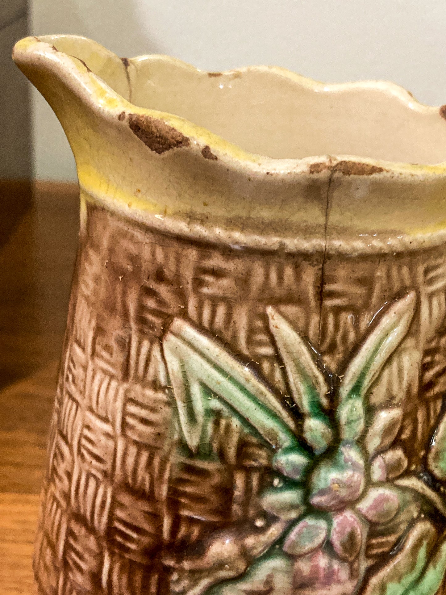 Antique Majolica Basketweave Lotus Flower Pattern Ceramic Creamer