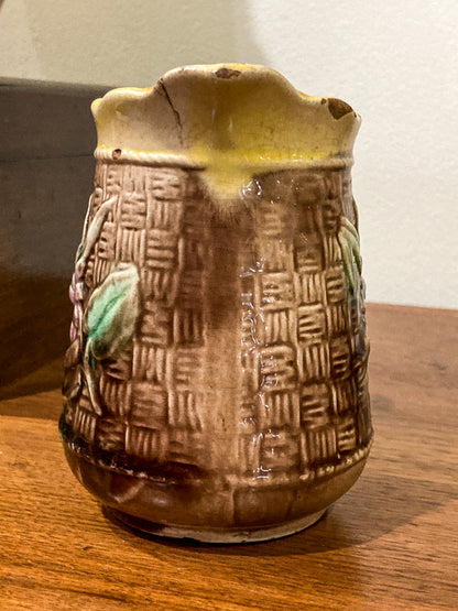 Antique Majolica Basketweave Lotus Flower Pattern Ceramic Creamer