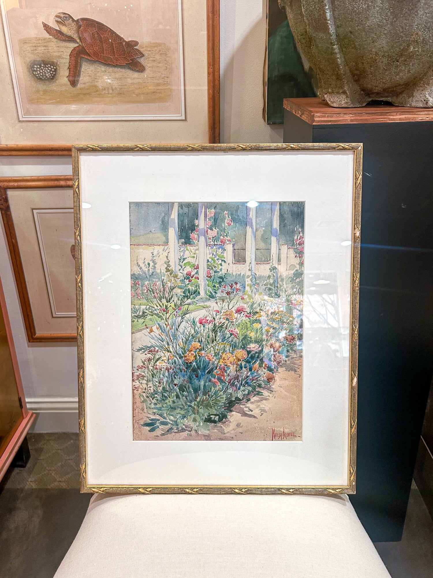 Vintage Matilda Browne (1869-1947) Floral Garden Framed Watercolor Painting