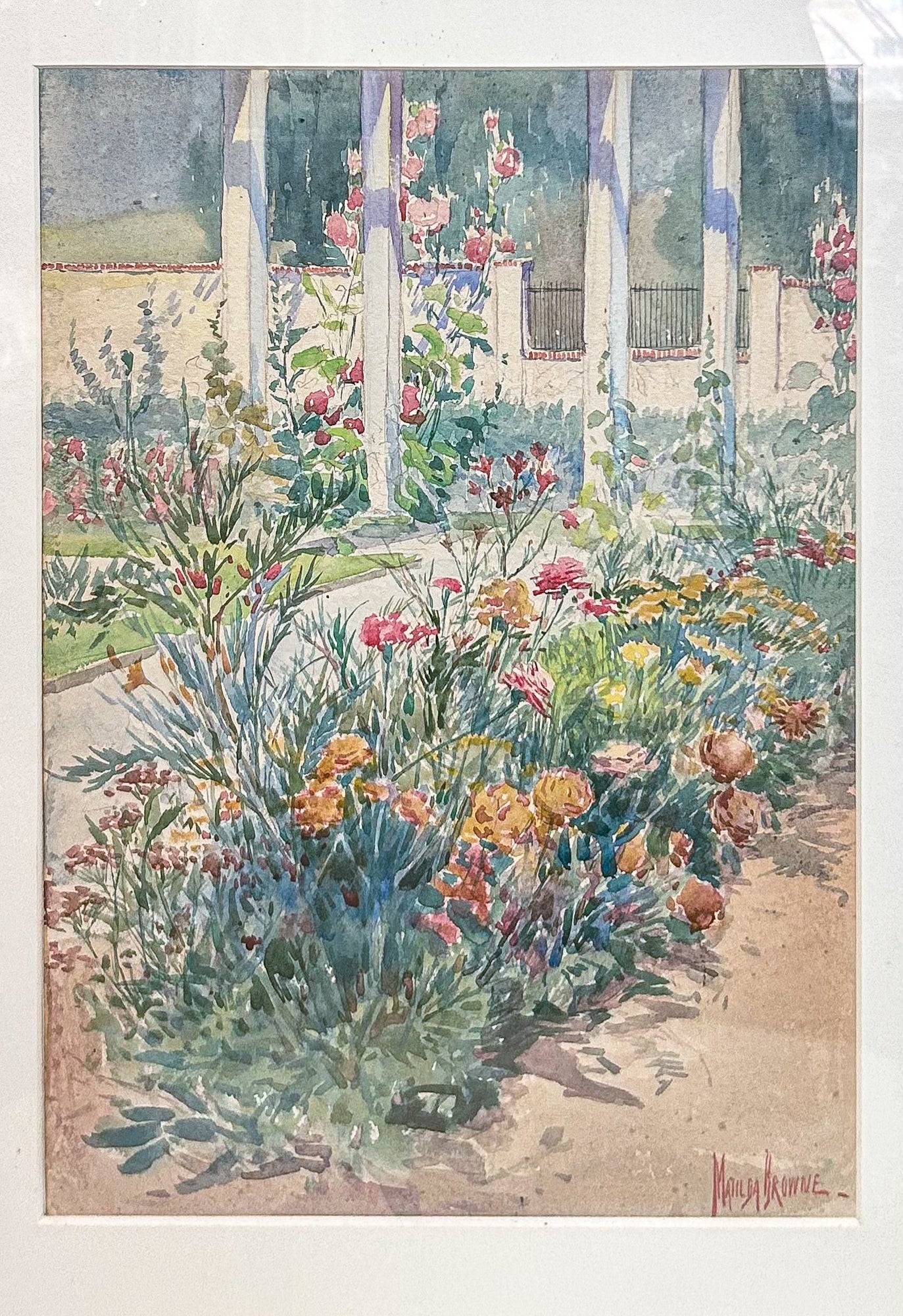 Vintage Matilda Browne (1869-1947) Floral Garden Framed Watercolor Painting