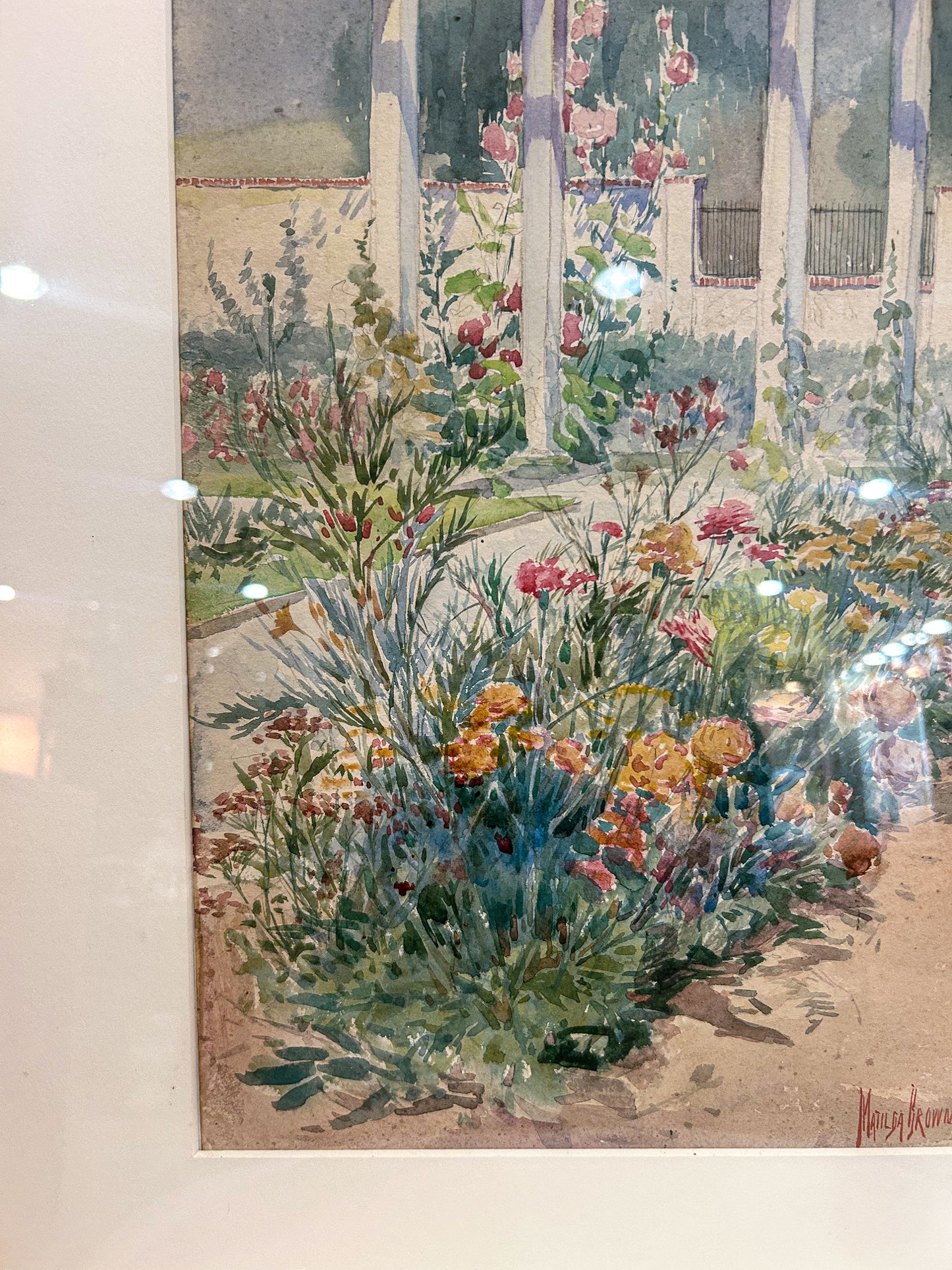 Vintage Matilda Browne (1869-1947) Floral Garden Framed Watercolor Painting