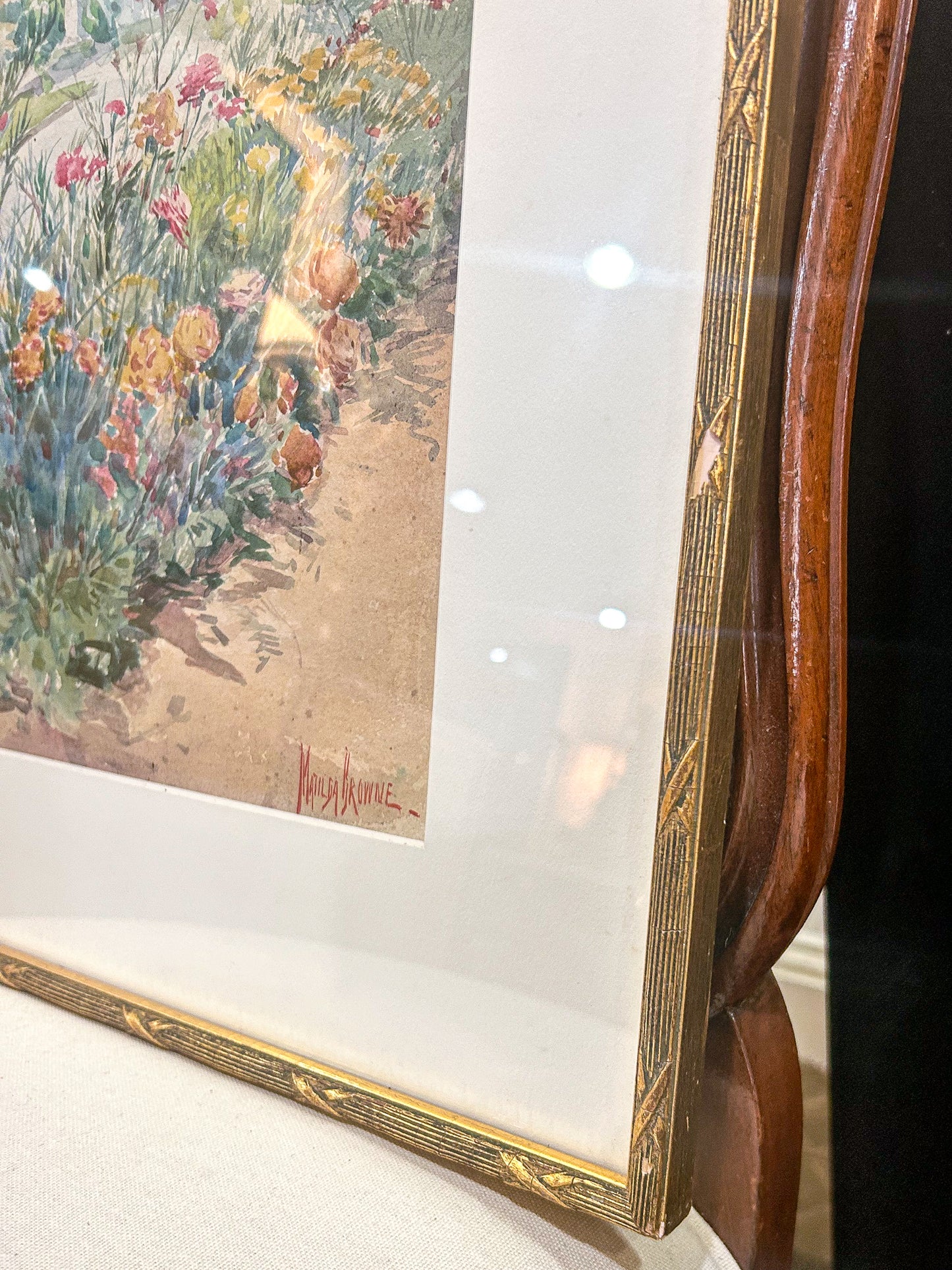 Vintage Matilda Browne (1869-1947) Floral Garden Framed Watercolor Painting