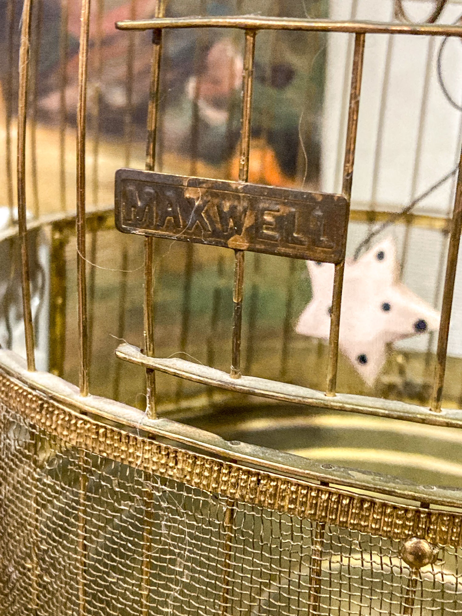 Antique Maxwell Brass Milk Glass Wooden Bird Sculpture Wire Bird Cage