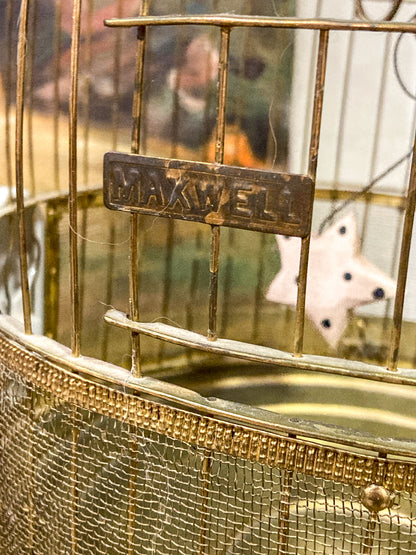 Antique Maxwell Brass Milk Glass Wooden Bird Sculpture Wire Bird Cage