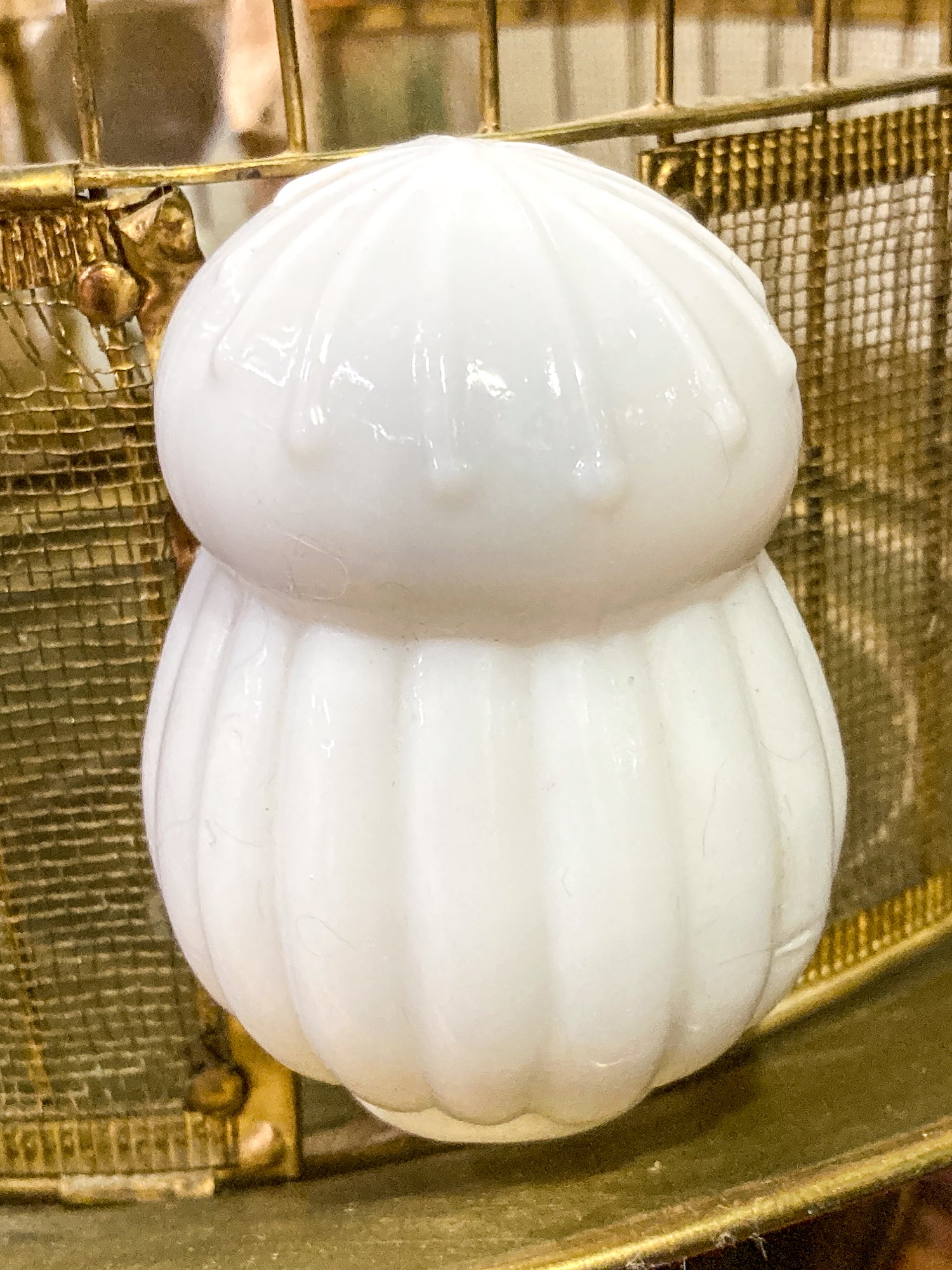 Antique Maxwell Brass Milk Glass Wooden Bird Sculpture Wire Bird Cage