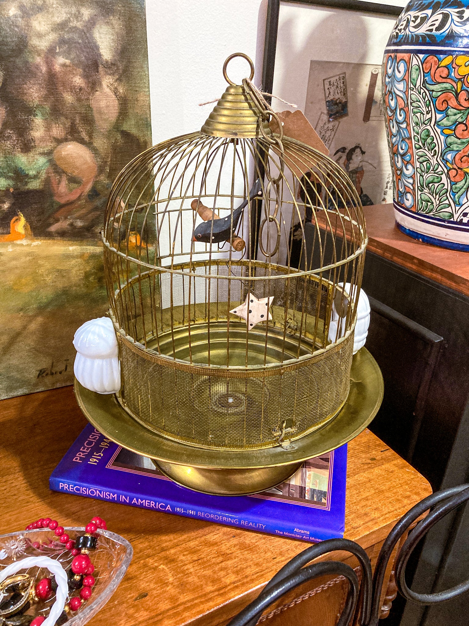 Antique Maxwell Brass Milk Glass Wooden Bird Sculpture Wire Bird Cage