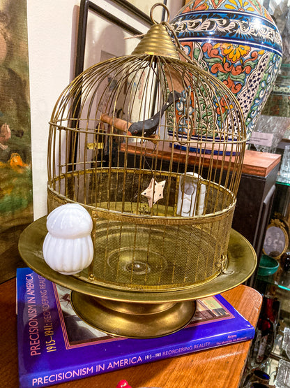 Antique Maxwell Brass Milk Glass Wooden Bird Sculpture Wire Bird Cage