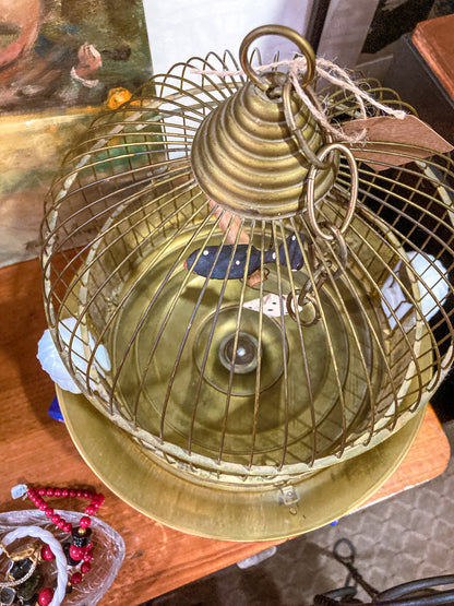 Antique Maxwell Brass Milk Glass Wooden Bird Sculpture Wire Bird Cage