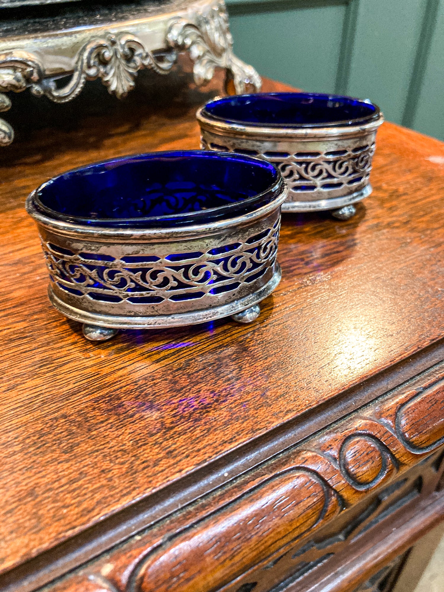 Antique Pair 1908 Gorham Cobalt Glass Lined Sterling Silver Footed Salt Cellars