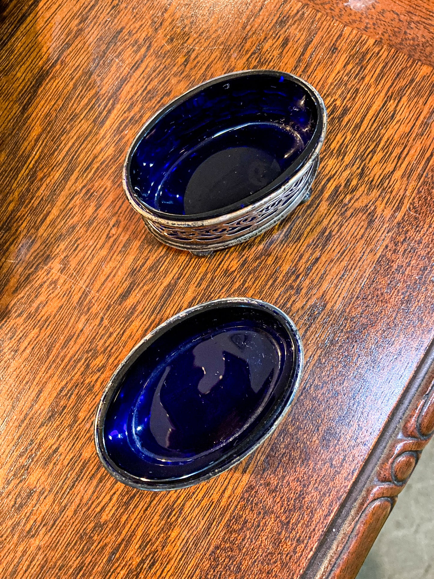 Antique Pair 1908 Gorham Cobalt Glass Lined Sterling Silver Footed Salt Cellars