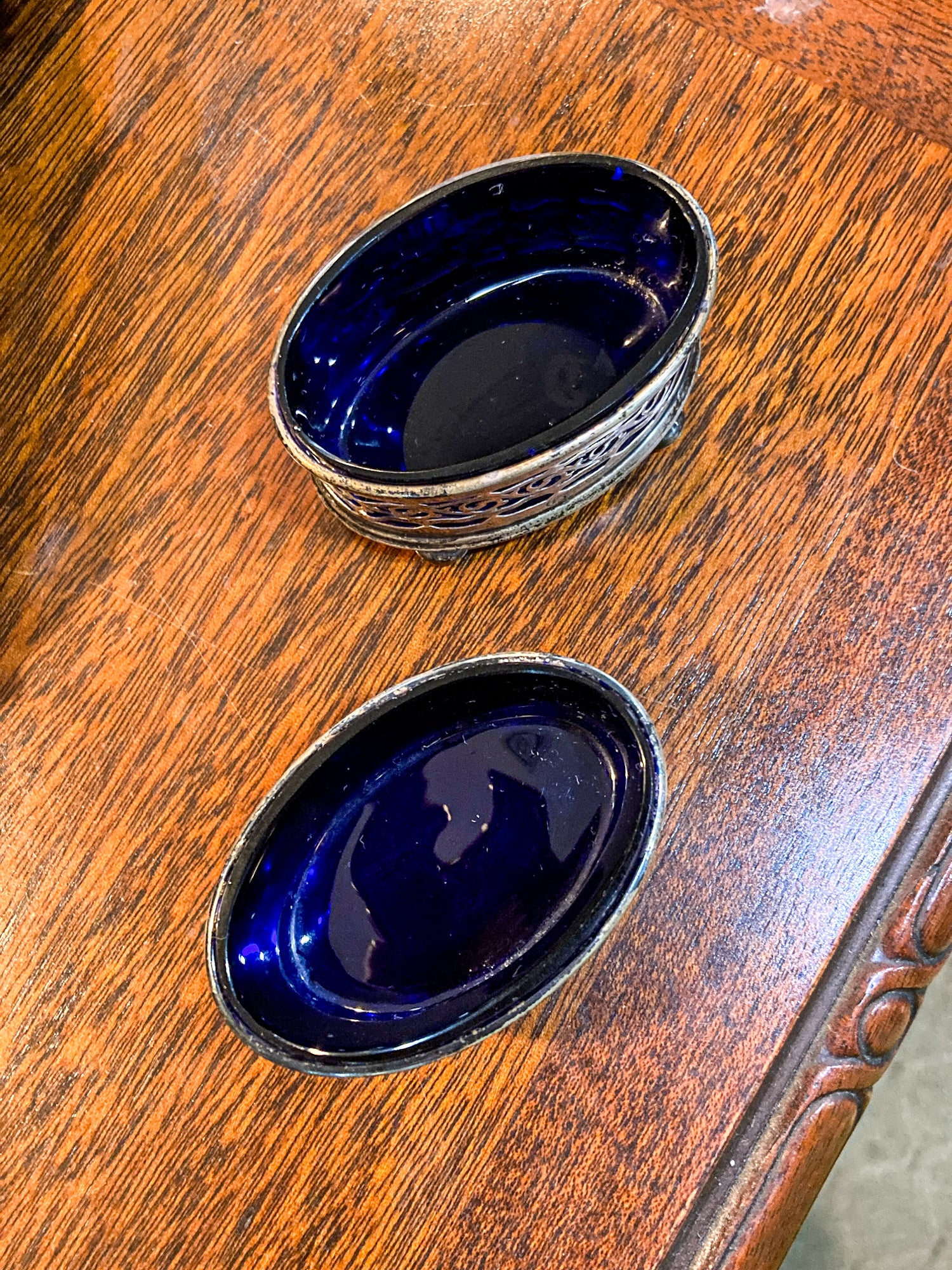Antique Pair 1908 Gorham Cobalt Glass Lined Sterling Silver Footed Salt Cellars